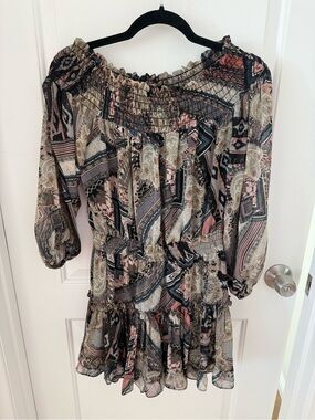Misa Los Angeles Mixed Print Off-Shoulder Mini Dress in Black, Cream & Blush